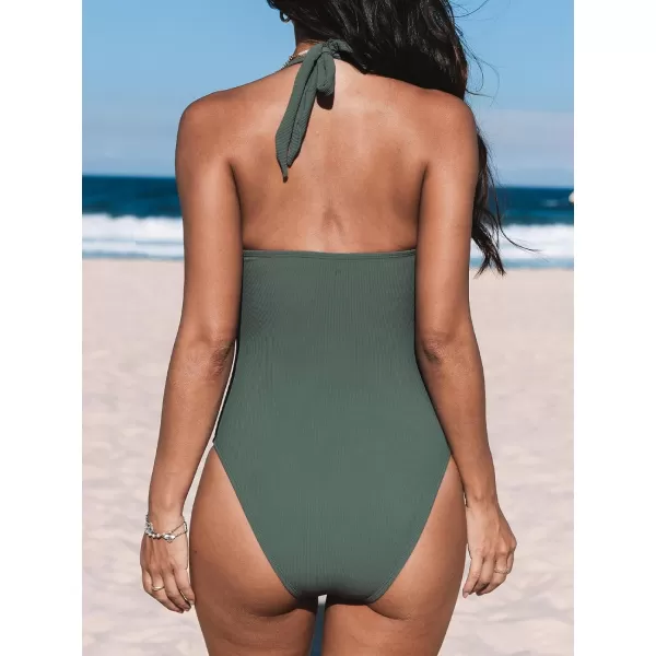 imageCUPSHE Womens One Piece Swimsuit Bathing Suit Square Neck Halter Self Tie Textured Ribbed SwimwearSage Green
