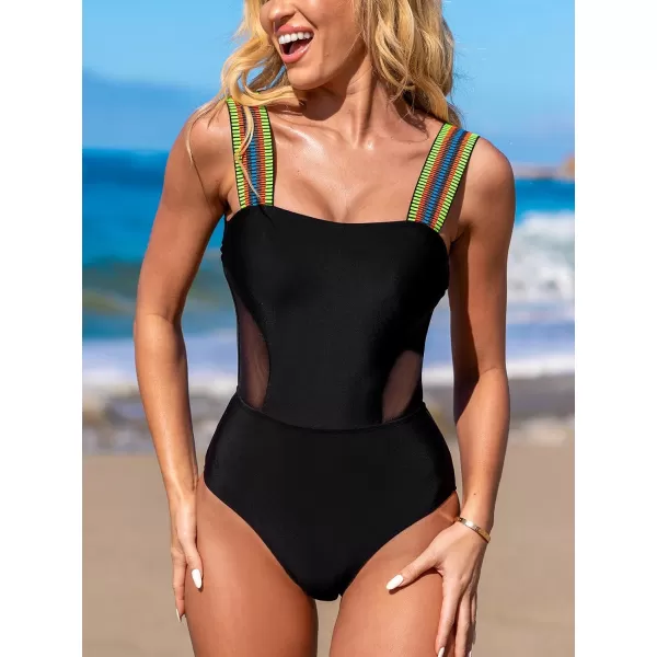 imageCUPSHE Womens One Piece Swimsuit Bathing Suit Square Neck Mesh Cutout Wide Straps Back TieBlack