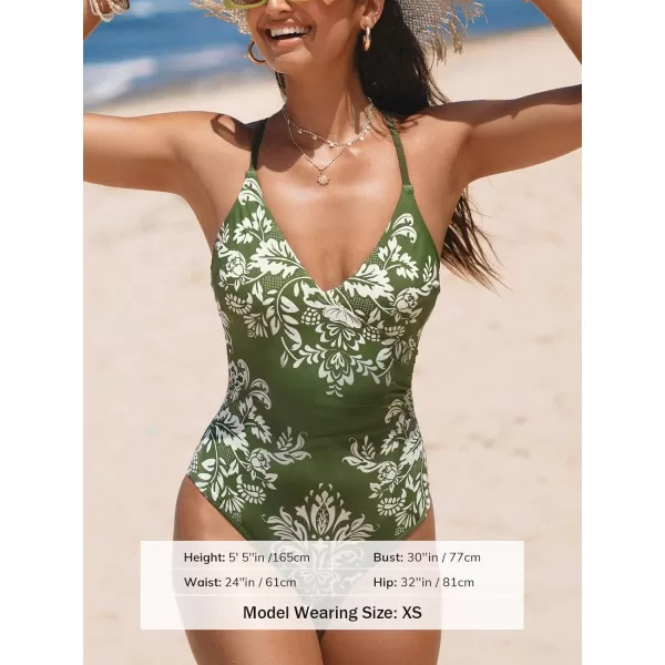 imageCUPSHE Womens One Piece Swimsuit Bathing Suit Surplice V Neck Ruched Crisscross Back Self Tie Cut OutOlive GreenFloral