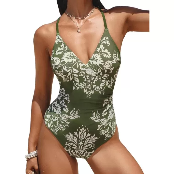 imageCUPSHE Womens One Piece Swimsuit Bathing Suit Surplice V Neck Ruched Crisscross Back Self Tie Cut OutOlive GreenFloral