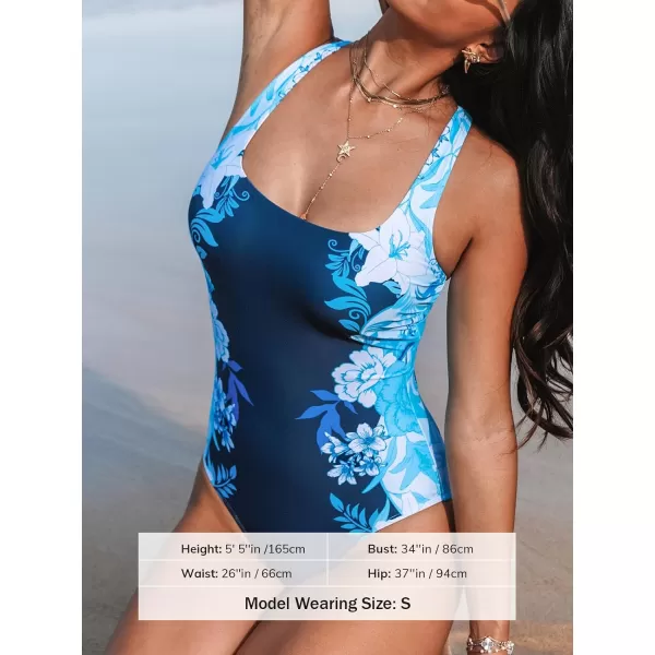 imageCUPSHE Womens One Piece Swimsuit Bathing Suit Tummy Control Square Neck Crisscross Back Self Tie Wide StrapsSky Blue Floral