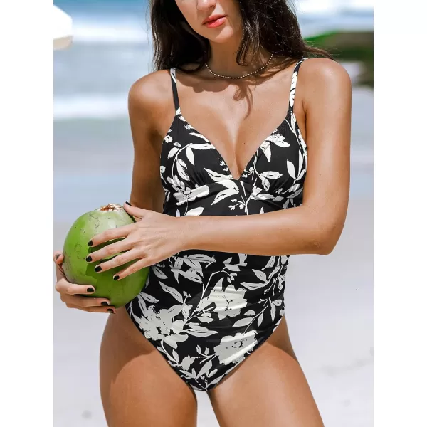 imageCUPSHE Womens One Piece Swimsuit Bathing Suit V Neck Adjustable Spaghetti Straps Ruched High Cut CheekyBlackWhite Floral