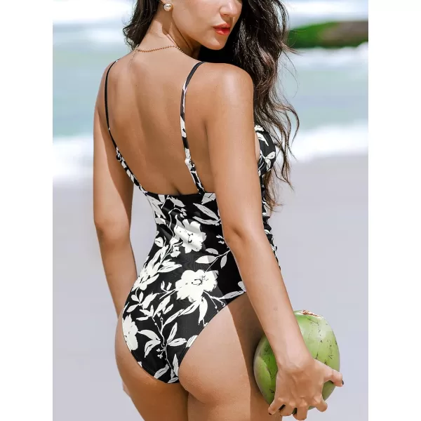 imageCUPSHE Womens One Piece Swimsuit Bathing Suit V Neck Adjustable Spaghetti Straps Ruched High Cut CheekyBlackWhite Floral