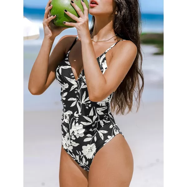 imageCUPSHE Womens One Piece Swimsuit Bathing Suit V Neck Adjustable Spaghetti Straps Ruched High Cut CheekyBlackWhite Floral