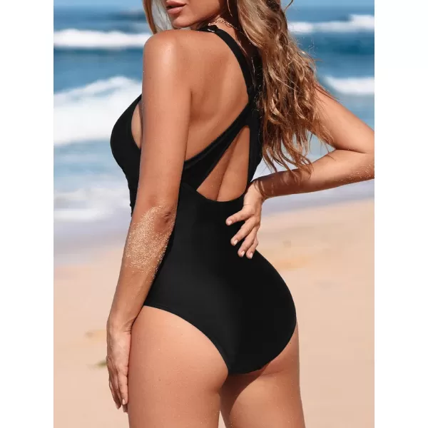 imageCUPSHE Womens One Piece Swimsuit Bathing Suit V Neck Cut Out Crisscross Back Ruched Wide Straps O RingBlack