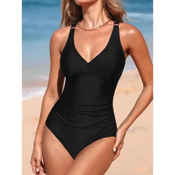 imageCUPSHE Womens One Piece Swimsuit Bathing Suit V Neck Cut Out Crisscross Back Ruched Wide Straps O RingBlack