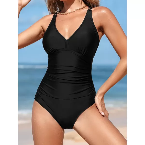 imageCUPSHE Womens One Piece Swimsuit Bathing Suit V Neck Cut Out Crisscross Back Ruched Wide Straps O RingBlack