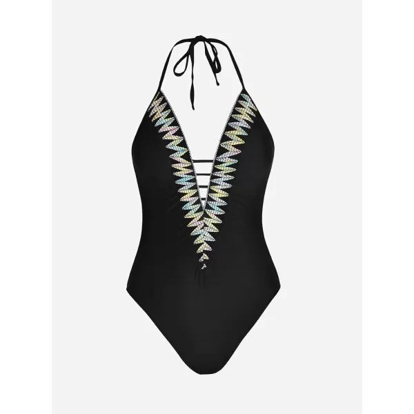 imageCUPSHE Womens One Piece Swimsuit Bathing Suit V Neck Cutout Halter Self Tie Swimwear Wave StitchingBlack