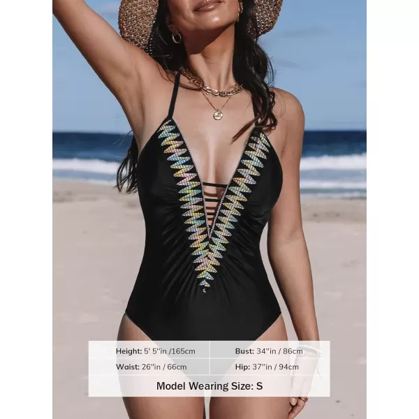 imageCUPSHE Womens One Piece Swimsuit Bathing Suit V Neck Cutout Halter Self Tie Swimwear Wave StitchingBlack