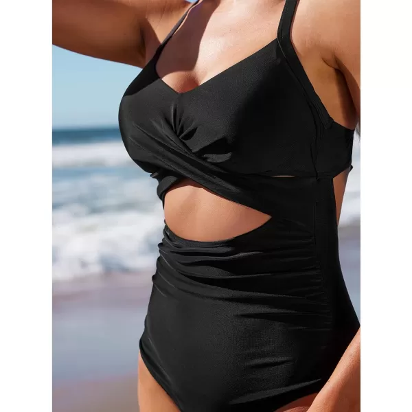 imageCUPSHE Womens One Piece Swimsuit Bathing Suit V Neck Cutout Tummy Control Back Tie SwimwearAvailable in PlusBlack