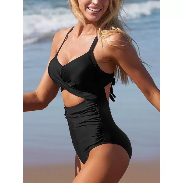 imageCUPSHE Womens One Piece Swimsuit Bathing Suit V Neck Cutout Tummy Control Back Tie SwimwearAvailable in PlusBlack