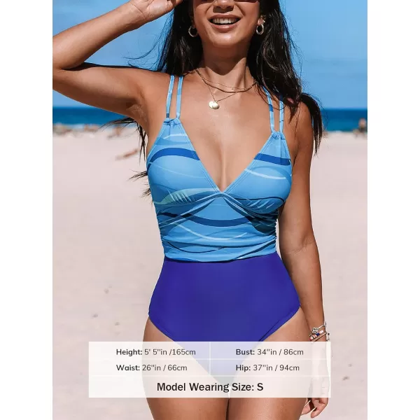imageCUPSHE Womens One Piece Swimsuit Bathing Suit V Neck Double Straps Back Cutout Color Block SwimwearBlue Stripes