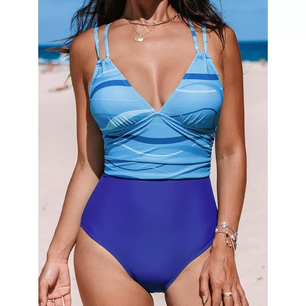 imageCUPSHE Womens One Piece Swimsuit Bathing Suit V Neck Double Straps Back Cutout Color Block SwimwearBlue Stripes