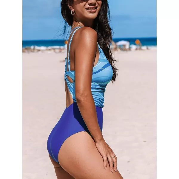 imageCUPSHE Womens One Piece Swimsuit Bathing Suit V Neck Double Straps Back Cutout Color Block SwimwearBlue Stripes