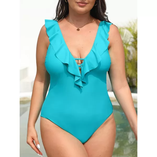 imageCUPSHE Womens One Piece Swimsuit Bathing Suit V Neck Ruffled Swimwear Adjustable Straps XS4XLAqua