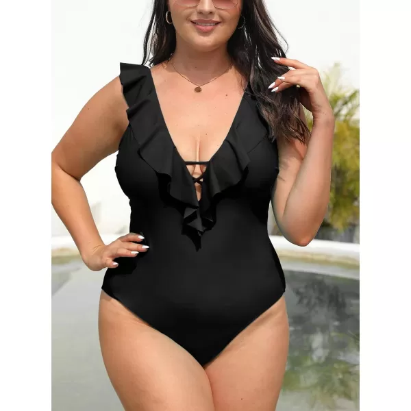 imageCUPSHE Womens One Piece Swimsuit Bathing Suit V Neck Ruffled Swimwear Adjustable Straps XS4XLBlack