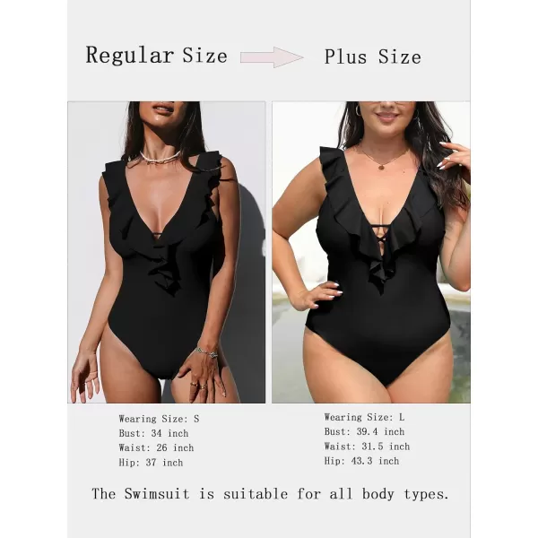 imageCUPSHE Womens One Piece Swimsuit Bathing Suit V Neck Ruffled Swimwear Adjustable Straps XS4XLBlack