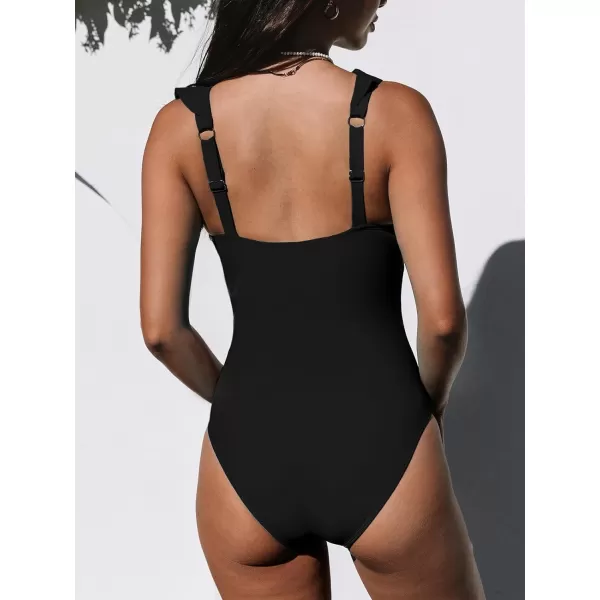 imageCUPSHE Womens One Piece Swimsuit Bathing Suit V Neck Ruffled Swimwear Adjustable Straps XS4XLBlack