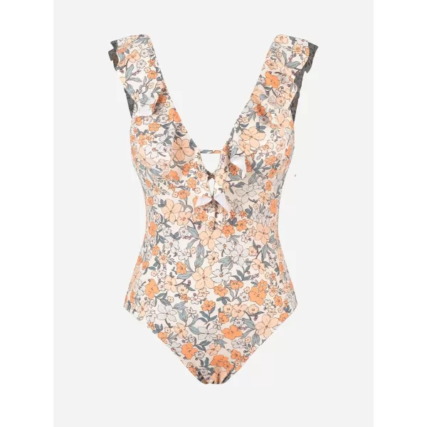 imageCUPSHE Womens One Piece Swimsuit Bathing Suit V Neck Ruffled Swimwear Adjustable Straps XS4XLOrange Floral