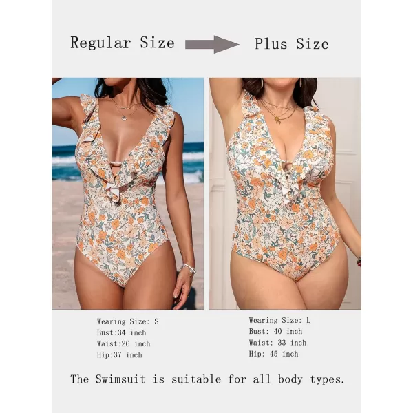 imageCUPSHE Womens One Piece Swimsuit Bathing Suit V Neck Ruffled Swimwear Adjustable Straps XS4XLOrange Floral