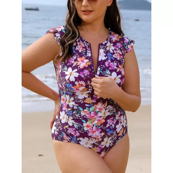 imageCUPSHE Womens One Piece Swimsuit Bathing Suit Zipper Front Ruffled Ruched SwimwearXS4XLPurple Floral