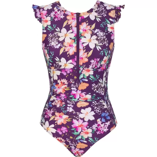 imageCUPSHE Womens One Piece Swimsuit Bathing Suit Zipper Front Ruffled Ruched SwimwearXS4XLPurple Floral