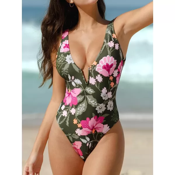 imageCUPSHE Womens One Piece Swimsuit Bathing Suits Plunge Cheeky Wide Straps Back Low Cut Funky FloralGreen Floral