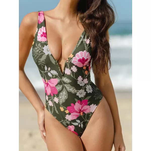 imageCUPSHE Womens One Piece Swimsuit Bathing Suits Plunge Cheeky Wide Straps Back Low Cut Funky FloralGreen Floral