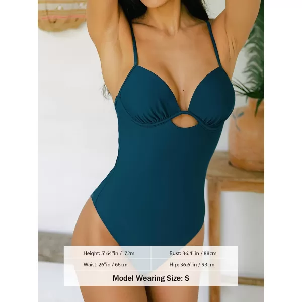 imageCUPSHE Womens One Piece Swimsuit Bathing Suits Ruched Cutout Back Tie with UnderwireTeal