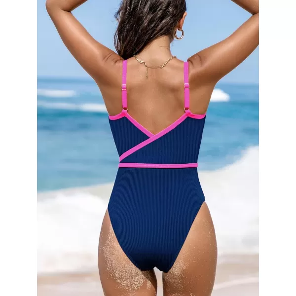 imageCUPSHE Womens One Piece Swimsuit Bathing Suits Surplice V Neck Color Block Cheeky Bottom Swimwear Textured Adjustable StrapsDark BluePink