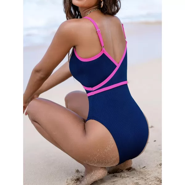 imageCUPSHE Womens One Piece Swimsuit Bathing Suits Surplice V Neck Color Block Cheeky Bottom Swimwear Textured Adjustable StrapsDark BluePink