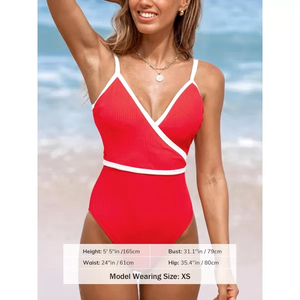 imageCUPSHE Womens One Piece Swimsuit Bathing Suits Surplice V Neck Color Block Cheeky Bottom Swimwear Textured Adjustable StrapsRedWhite