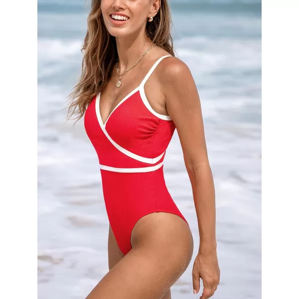 imageCUPSHE Womens One Piece Swimsuit Bathing Suits Surplice V Neck Color Block Cheeky Bottom Swimwear Textured Adjustable StrapsRedWhite
