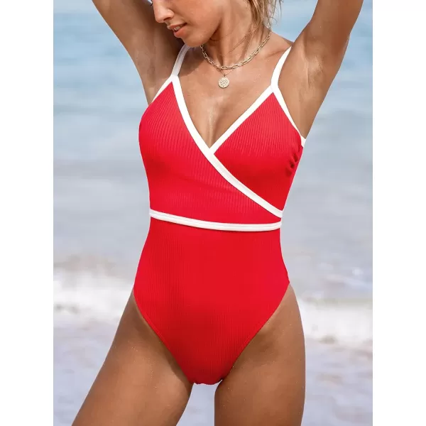 imageCUPSHE Womens One Piece Swimsuit Bathing Suits Surplice V Neck Color Block Cheeky Bottom Swimwear Textured Adjustable StrapsRedWhite