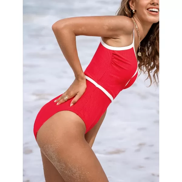 imageCUPSHE Womens One Piece Swimsuit Bathing Suits Surplice V Neck Color Block Cheeky Bottom Swimwear Textured Adjustable StrapsRedWhite