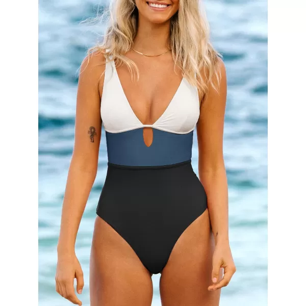imageCUPSHE Womens One Piece Swimsuit Color Block Keyhole Cutout Bathing SuitBlue