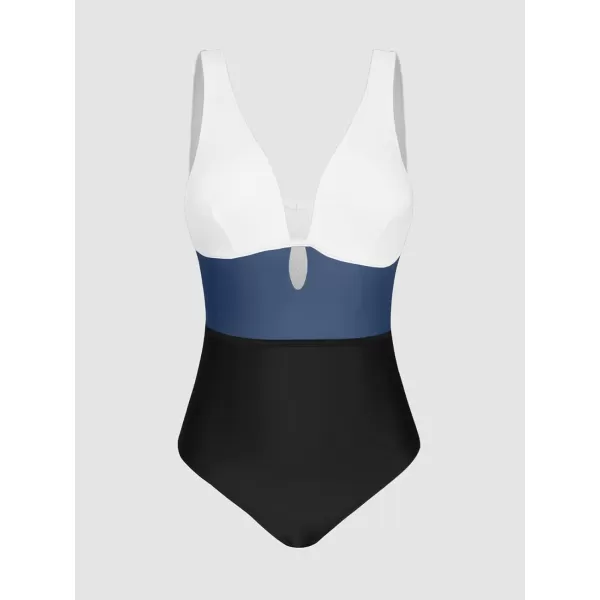 imageCUPSHE Womens One Piece Swimsuit Color Block Keyhole Cutout Bathing SuitBlue