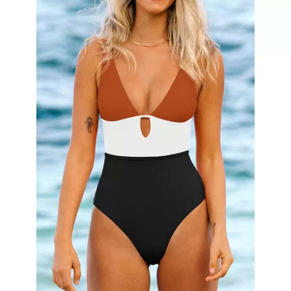 imageCUPSHE Womens One Piece Swimsuit Color Block Keyhole Cutout Bathing SuitBrick Red