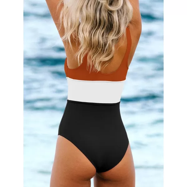 imageCUPSHE Womens One Piece Swimsuit Color Block Keyhole Cutout Bathing SuitBrick Red
