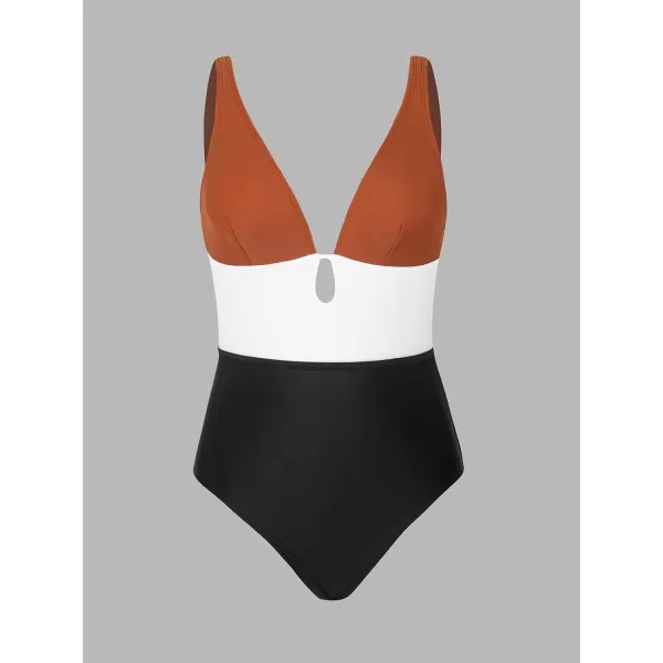 imageCUPSHE Womens One Piece Swimsuit Color Block Keyhole Cutout Bathing SuitBrick Red