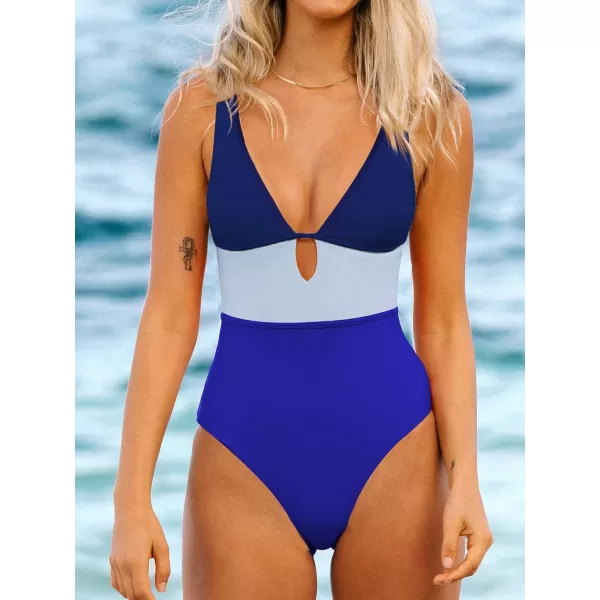 imageCUPSHE Womens One Piece Swimsuit Color Block Keyhole Cutout Bathing SuitNavy