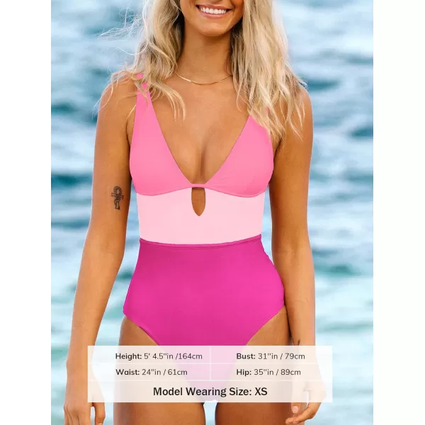 imageCUPSHE Womens One Piece Swimsuit Color Block Keyhole Cutout Bathing SuitPinkMagenta