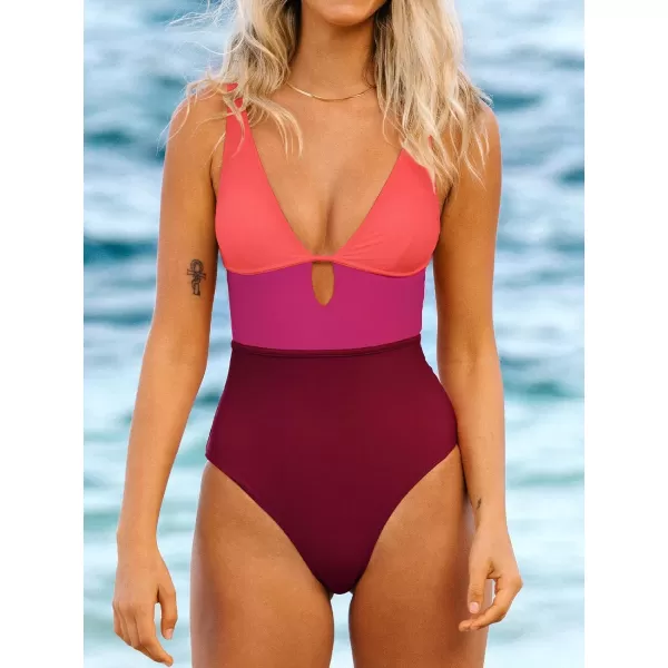 imageCUPSHE Womens One Piece Swimsuit Color Block Keyhole Cutout Bathing SuitRed Purple