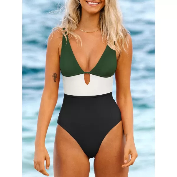 imageCUPSHE Womens One Piece Swimsuit Color Block Keyhole Cutout Bathing SuitWhite