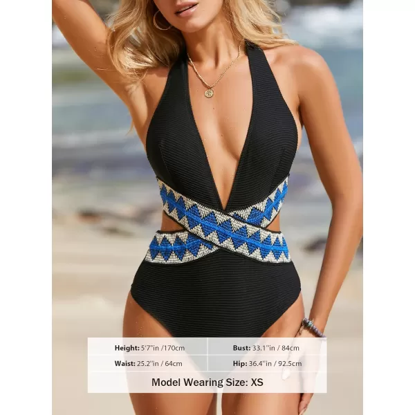imageCUPSHE Womens One Piece Swimsuit Deep V Neck Bathing Suits Halter Back Self Tie Cutout TexturedBlackBlue