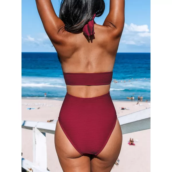 imageCUPSHE Womens One Piece Swimsuit Deep V Neck Bathing Suits Halter Back Self Tie Cutout TexturedRed