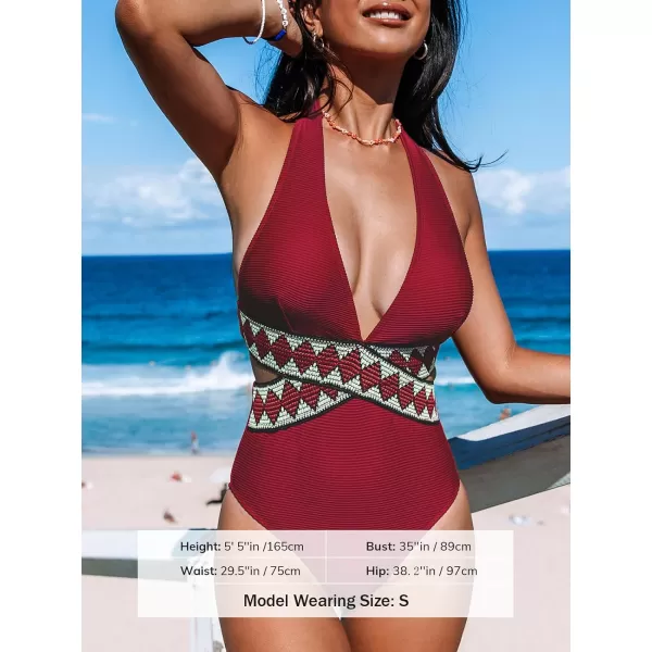 imageCUPSHE Womens One Piece Swimsuit Deep V Neck Bathing Suits Halter Back Self Tie Cutout TexturedRed