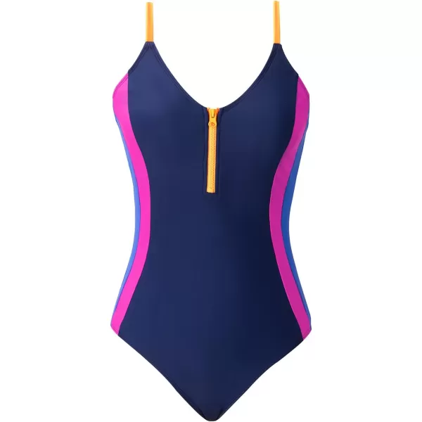 imageCUPSHE Womens One Piece Swimsuit Deep V Neck Color Block Paneled Zip Front Bathing SuitsNavy BluePink