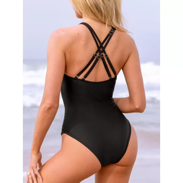 imageCUPSHE Womens One Piece Swimsuit Deep V Neck Crisscross Back Adjustable Straps Bathing Suit MeshBlack