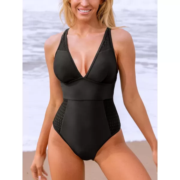 imageCUPSHE Womens One Piece Swimsuit Deep V Neck Crisscross Back Adjustable Straps Bathing Suit MeshBlack